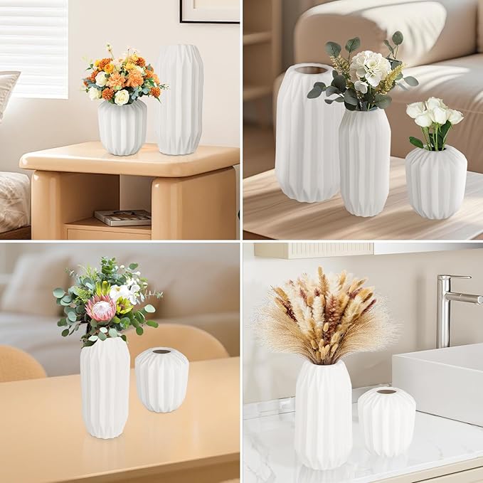 Ceramic Vase Set of 3, White Vase for Modern Home Decor, Decorative Vases for Bouquet Pampas Grass Dried Flowers, Living Room, Bedroom, Bathroom, Shelf Centerpiece Table Decorations-VerdiqueGarden