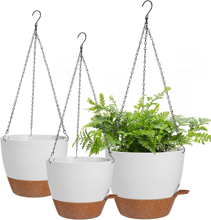 10/9/8 Inch Hanging Planter for Indoor Outdoor Plants, 3 Pack Self-Watering Hanging Pot with Drainage Holes Hanging Planter Baskets Plant Pots with Removable Tray (White+Brown)-VerdiqueGarden