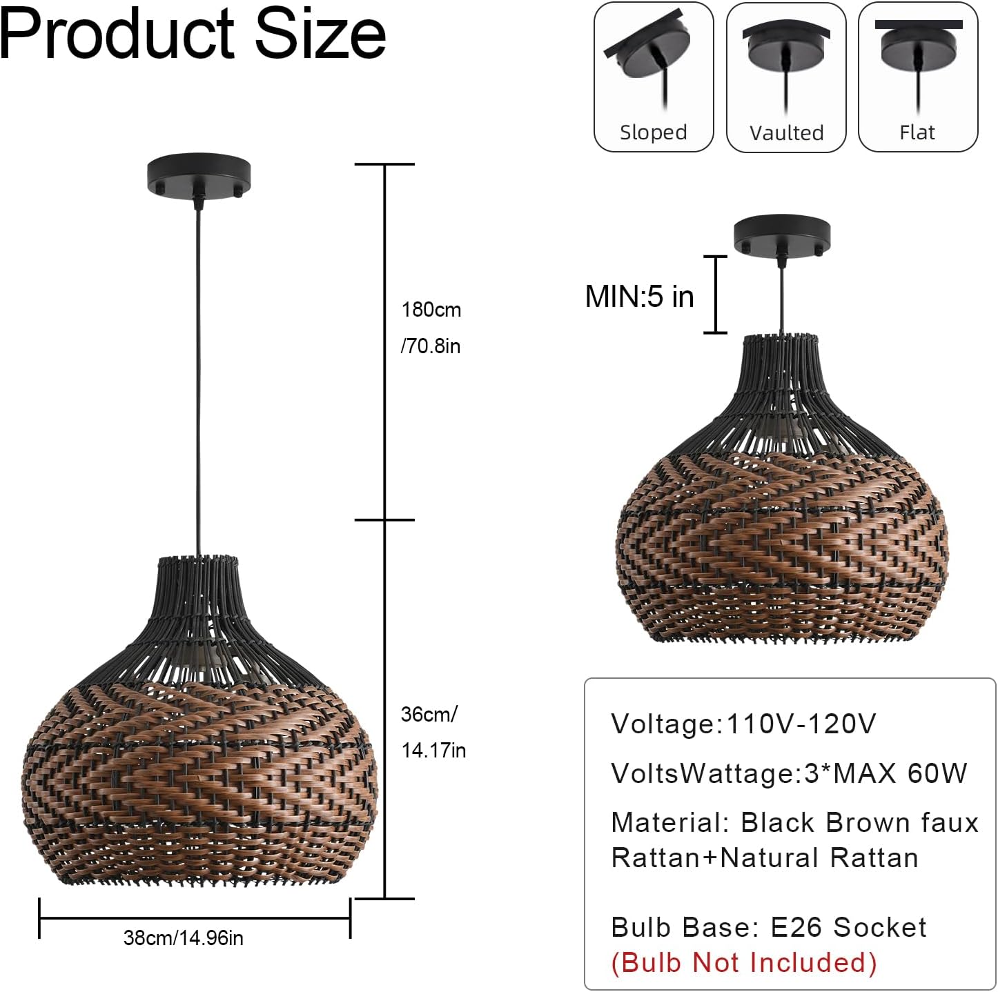 3-Light Rattan Pendant Light,15" Hand-Woven Black Brown Faux Rattan Hanging Light Boho Wicker Basket Chandelier,for Living Room Bedroom Kitchen Dining Farmhouse 1-Pack-VerdiqueGarden