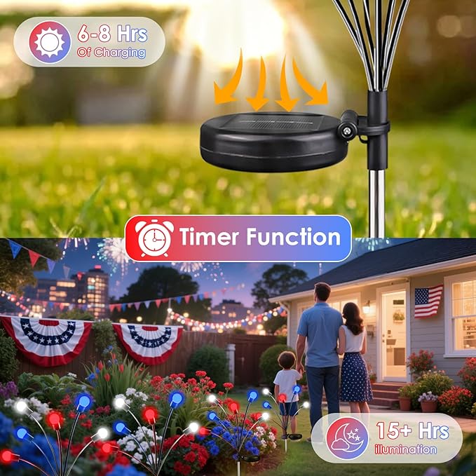 OZS 8pack Solar American Flag Lights - 4th of July Solar Garden LED Outdoor Waterproof Firefly Light for Memory Day, Independence Day, National Day Decoration (Red White Blue)-VerdiqueGarden