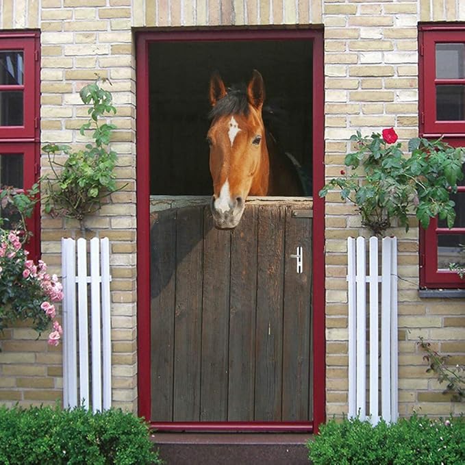 Horse 3D Door Stickers Murals - Peel & Stick - Waterproof & Washable - Rustic Brown Animal Print - Matte Finish - Door & Wall Decals - 31.5" x 78.7" (2 Parts)-VerdiqueGarden