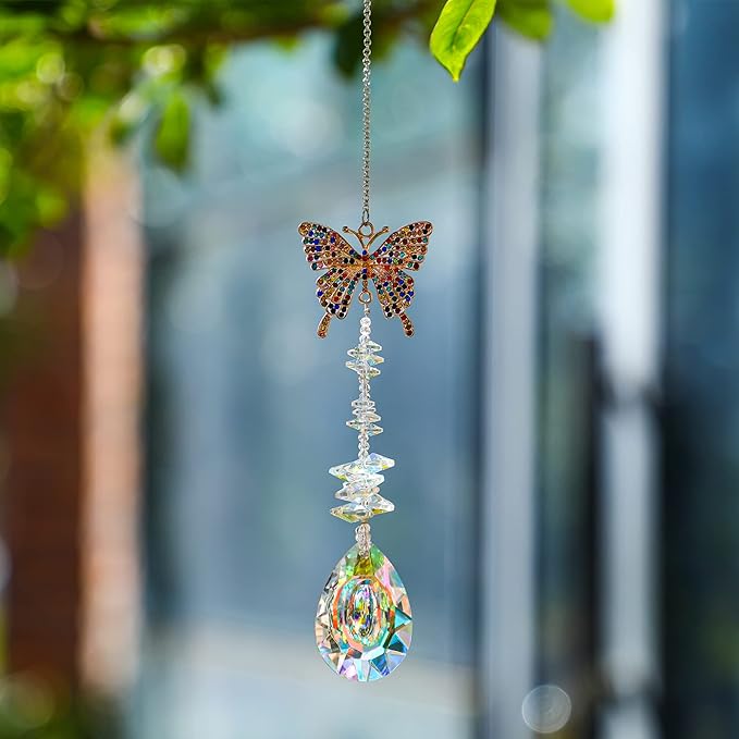 Suncatcher with Crystals,Colorful Crystal Butterfly Rhinestones Suncatcher Window Hanging,Crystal Prism Hanging Ornament,Rainbow Maker Decoration for Home, Garden, Wedding, Party & Christmas-VerdiqueGarden