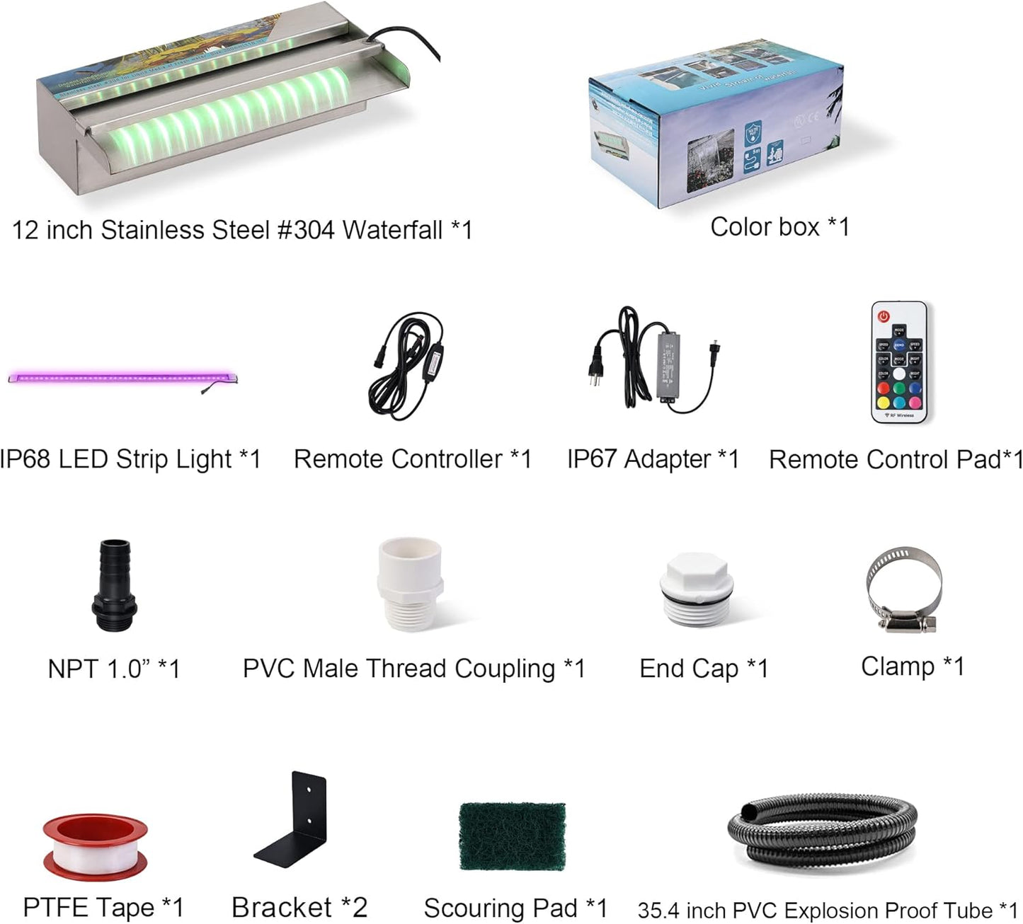 PONDO Pool Fountain, Stainless Steel Waterfall Spillway with Wider Water Flow Platform, Multi-Color LED Light & Spillway Cleaning Kit for Garden Outdoor Decoration (12 inch)-VerdiqueGarden