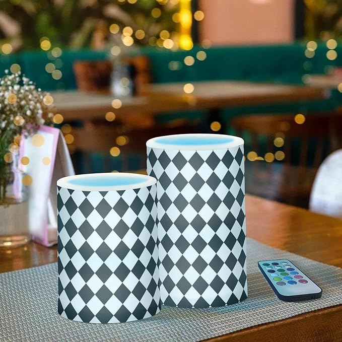 Flickering Flameless Candles, Black White Rhombuses Checkered LED Candles with Remote Timer, Set of 2 Battery Operated Candle for Valentine Wedding Birthday-VerdiqueGarden