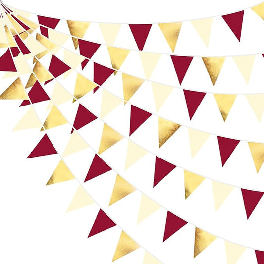 Burgundy Party Decorations Gold Maroon Beige Fabric Triangle Pennant Banner Garnet Flag Bunting Garland for Graduation Wedding Birthday Bridal Shower Bachelorette Anniversary Engagement Party Supplies-VerdiqueGarden