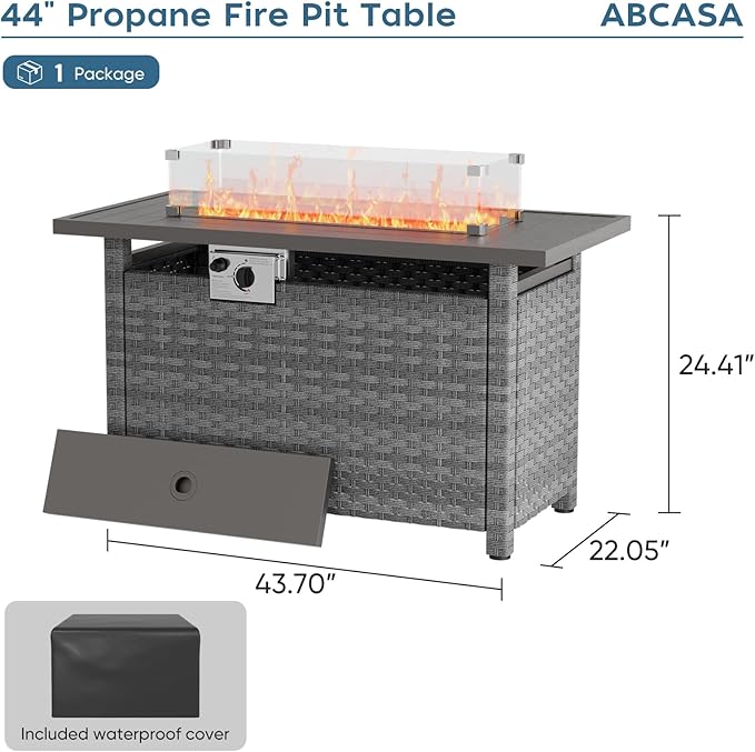 Propane Fire Pit Table Outdoor, 44" 60000BTU Auto-Ignition Fire Pits Table with Wind Guard Square Large Wicker Propane Firepits for Porch Garden(Grey,CSA Certified)-VerdiqueGarden