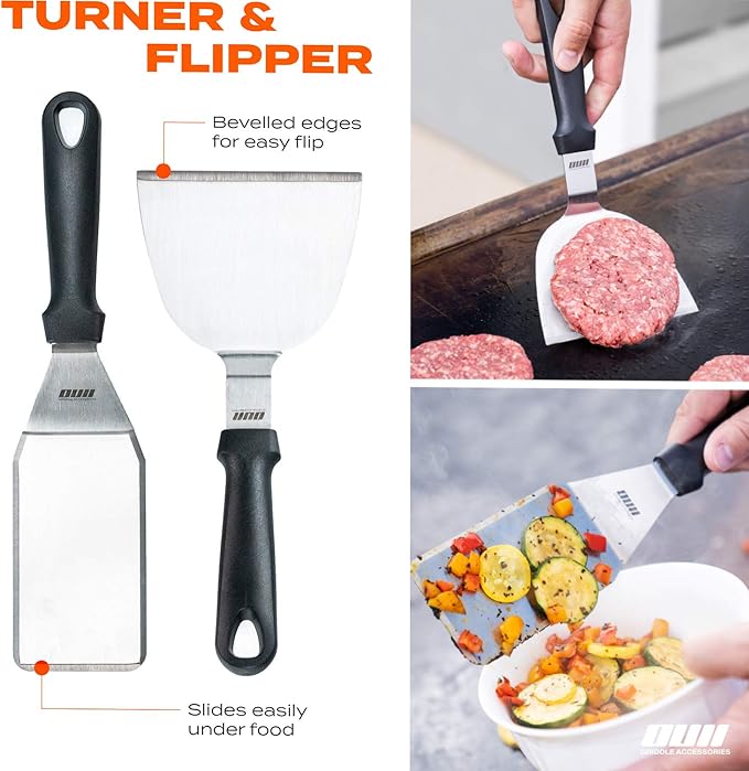 Flat Top Griddle Accessories Set for Blackstone and Camp Chef Griddle - 14 Pieces Set with Griddle Cleaning Kit & Carry Bag! Metal Spatula, Griddle Scraper, Egg Rings for Teppanyaki & Gas Grill-VerdiqueGarden