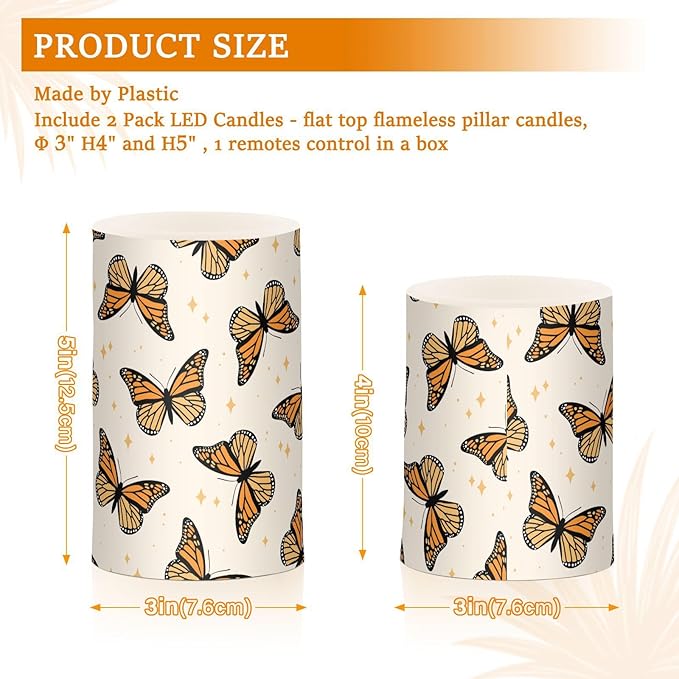 Flickering Flameless Candles, Monarch Butterflies LED Candles with Remote Timer, Set of 2 Battery Operated Candle for Valentine Wedding Birthday-VerdiqueGarden