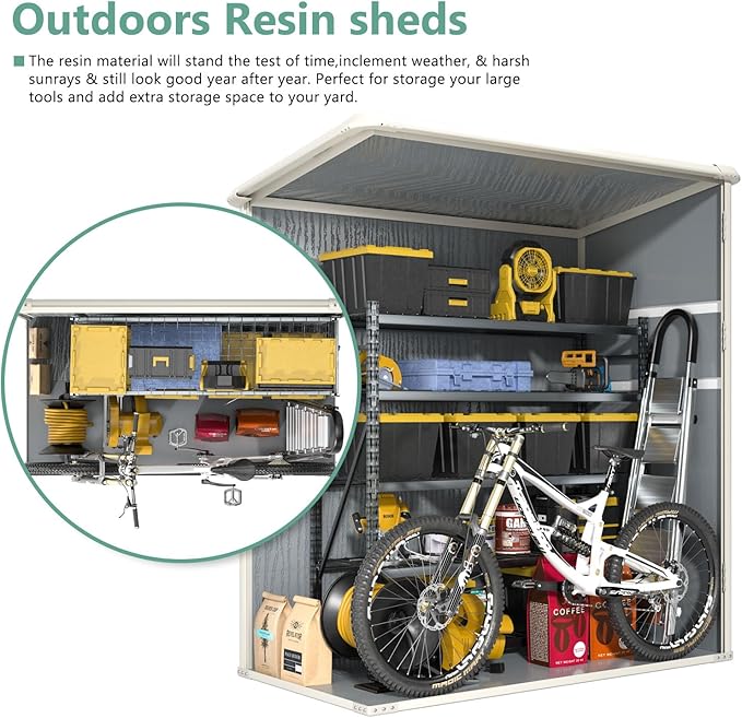 Aoxun Outdoor Storage Shed 5 x 3FT, Resin Shed with Floor and Lockable Door, Plastic Sheds for Garbage Can, Tool, Accessories, Lawn, Garden - Grey-VerdiqueGarden