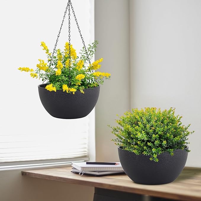 10 inch Hanging Planters for Indoor Outdoor Plants, 2 Pack Hanging Flower Pots with Drainage Holes and Chain for Garden Porch Plants, Round Plastic Hanging Baskets for House Plants, Black-VerdiqueGarden