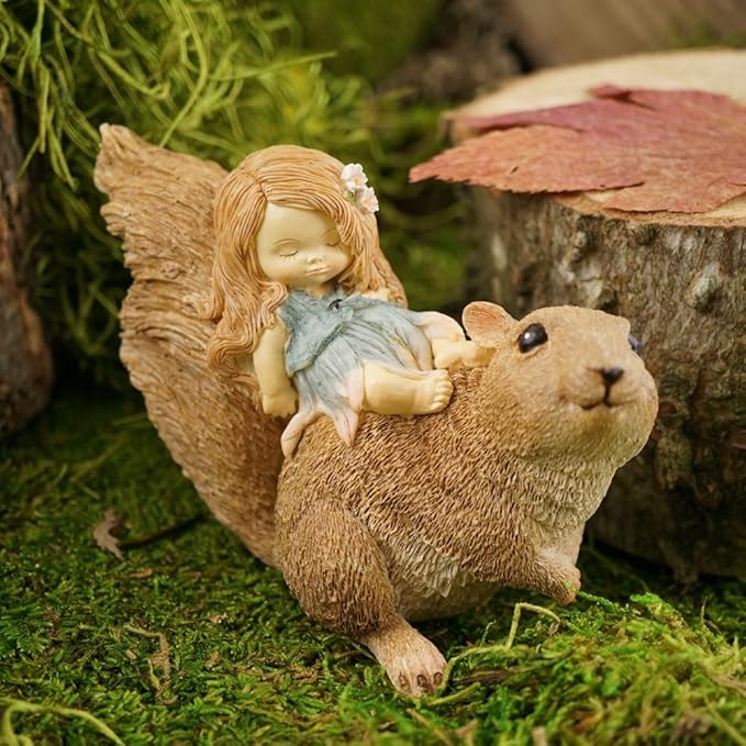 Top Collection Miniature Fairy Garden and Terrarium Statue, Little Fairy Sleeping on Squirrel-VerdiqueGarden