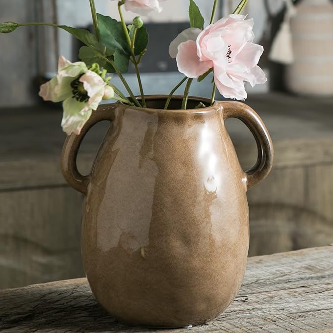 Brown Ceramic Vase with 2 Handles, Modern Farmhouse Decor, Rustic Terracotta Pottery, Decorative Flower Vases, Clay Small Vase, Centerpiece for Dining Table - 7 Inch Tall-VerdiqueGarden