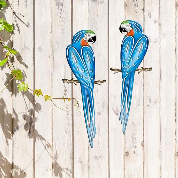 EiGreen Metal Bird Wall Art Decor 3D Outdoor parrot Sculpture, Hanging Decor Metal Wall Decor Suitable for Gardens Fence Patio Living Room Bedroom Yard Decor-VerdiqueGarden