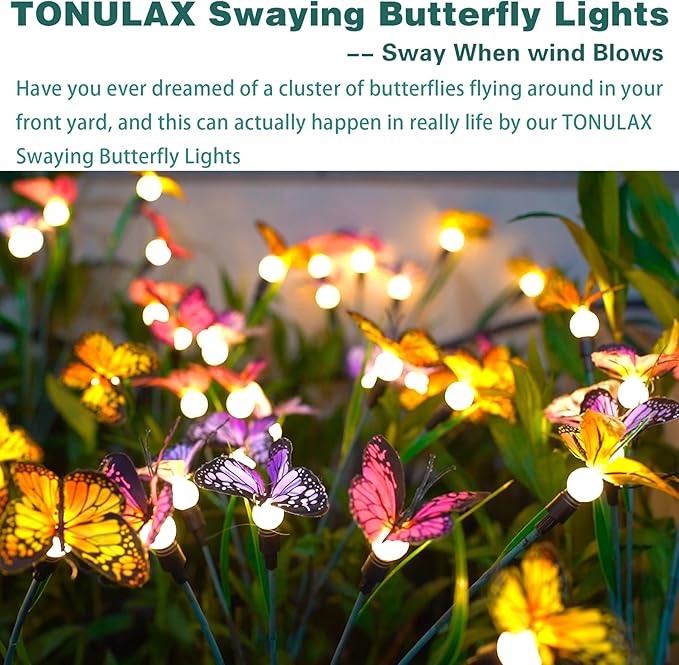 TONULAX Solar Garden Lights - Swaying Butterfly Light, Swaying in The Wind, Solar Outdoor Lights, Yard Patio Pathway Decoration, High Flexibility Iron Wire & Realistic Butterflies(4 Pack)-VerdiqueGarden