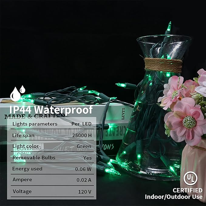 Green LED Christmas Lights - 35 Count Green Christmas String Lights for Small Tree, Crafts, Indoor and Outdoor St. Patrick's Day Decorations, 11 Feet Same Color Wire, UL Certified, Connectable-VerdiqueGarden