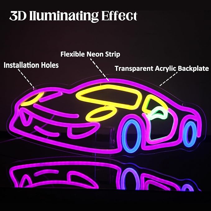 Car Neon Sign for Wall Decor Sports Car Neon Light Racing Car Neon Sign Colorful Car LED Neon Lights Signs Race Car Neon Light Up Sign for Bedroom Game Room Man Cave Garage Boy Gifts-VerdiqueGarden