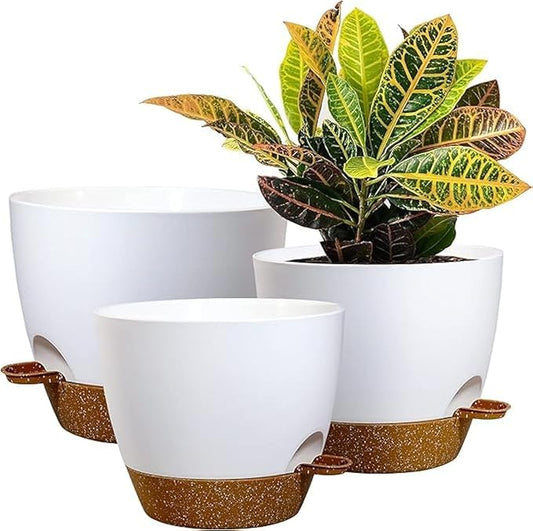 10/9/8 inch Self Watering Pots, Set of 3 Plastic Planters with Mesh Drainage Holes and Deep Reservoir for Indoor Outdoor Garden Plants and Flowers, White with Brown-VerdiqueGarden