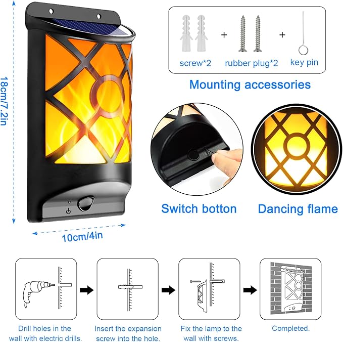 Solar Flame Lights Outdoor, Realistic 3D Flickering Flames with 66 Ultra-Bright LEDs - Waterproof Wall Mount Lanterns for Deck, Fence, Patio, Garden, Auto On/Off (4-Pack Value Set)-VerdiqueGarden