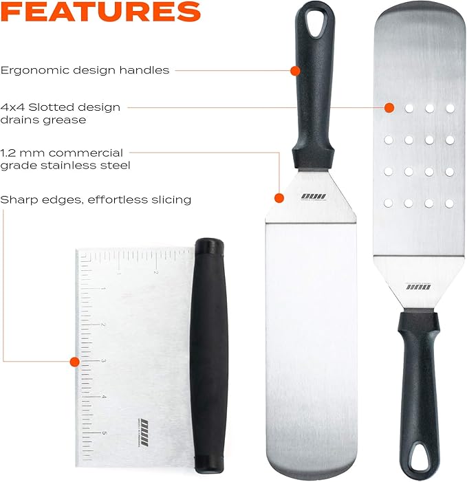 Flat Top Griddle Accessories Set for Blackstone and Camp Chef Griddle - 14 Pieces Set with Griddle Cleaning Kit & Carry Bag! Metal Spatula, Griddle Scraper, Egg Rings for Teppanyaki & Gas Grill-VerdiqueGarden