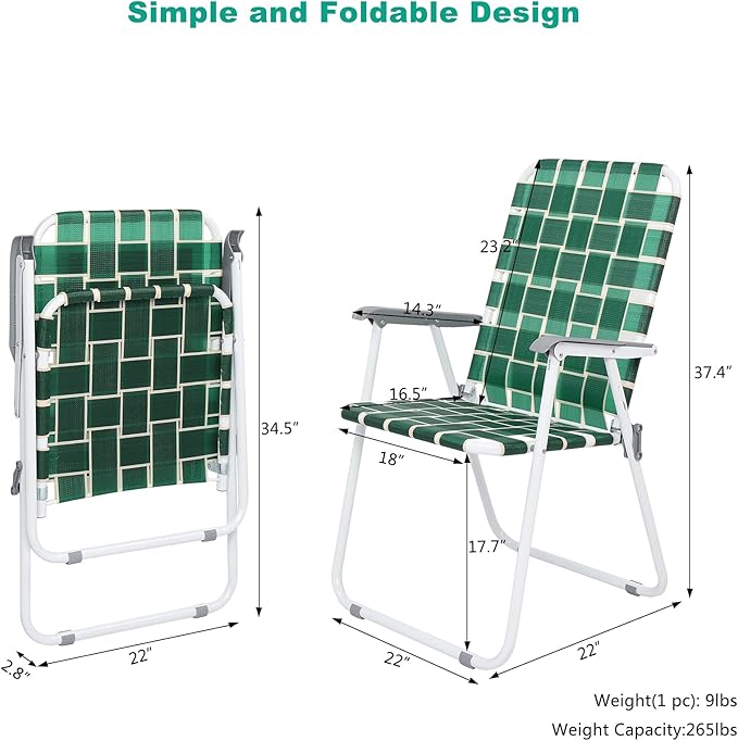 VINGLI Patio Lawn Webbed Folding Chairs Set of 2, Outdoor Beach Chair Portable Dining Chair for Outdoor Yard, Garden (Dark Green, Classic)-VerdiqueGarden