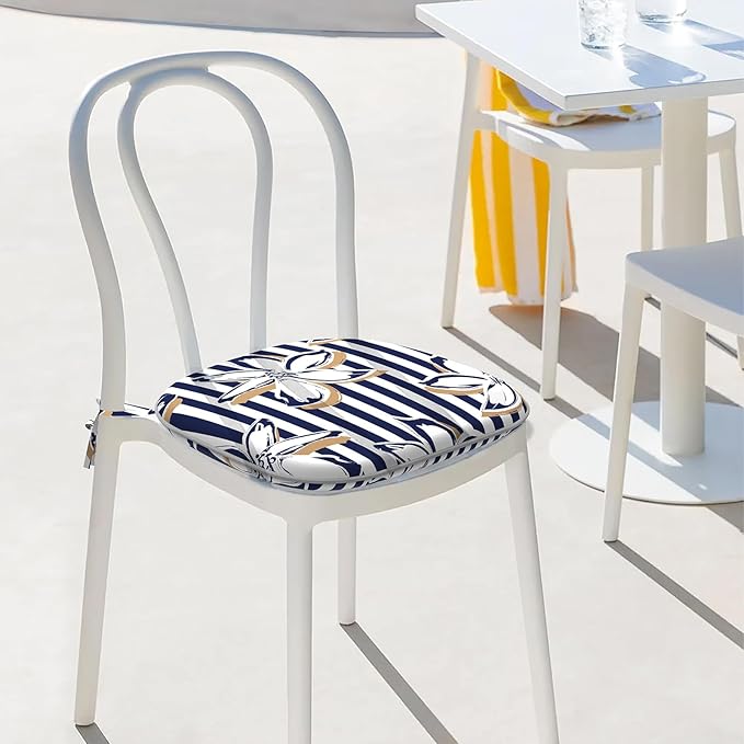 Indoor/Outdoor Chair Cushions 16x17 Inch, Patio Chair Cushions with Ties, All Weather Seat Cushions for Patio Furniture Home Garden Chair Use, Set of 4, Clemens Cabana Navy-VerdiqueGarden