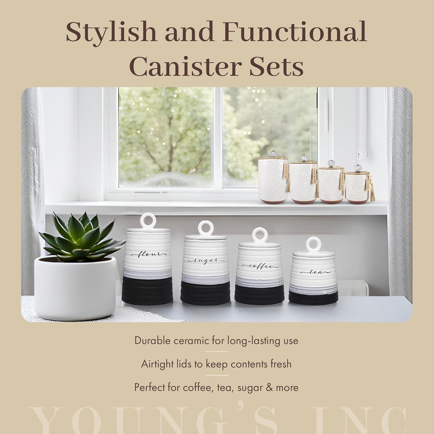 Young's Inc. 4 Pcs Set Rustic Modern Ceramic Canisters- Storage Container for Kitchen and Bathroom - Beautiful Home Decor Accent to Store Food, Coffee, Tea, and More - Black, White-VerdiqueGarden