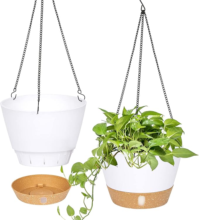 QCQHDU 2 Pack 10 inch Hanging Planters for Indoor Plants, Outdoor Hanging Baskets, Self Watering Pots with Drainage Holes & Removable Tray (White, 10 inch)-VerdiqueGarden