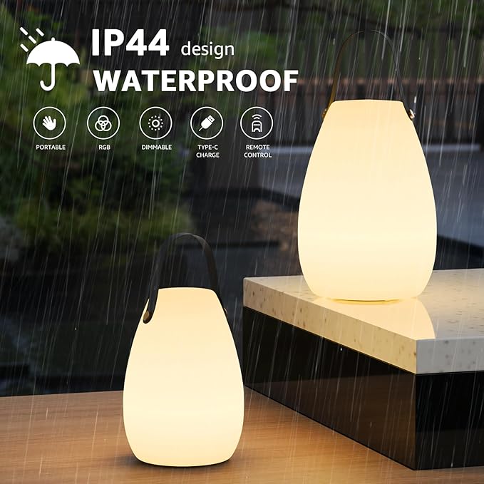 uuffoo Portable Outdoor Table Lamp, Dimmable Cordless Lamp with Remote and 7 RGB Colors IP44 Waterproof Hanging Lamp Indoor/Outdoor Night Lamp Lantern for Bedroom Garden Dining Camping-VerdiqueGarden