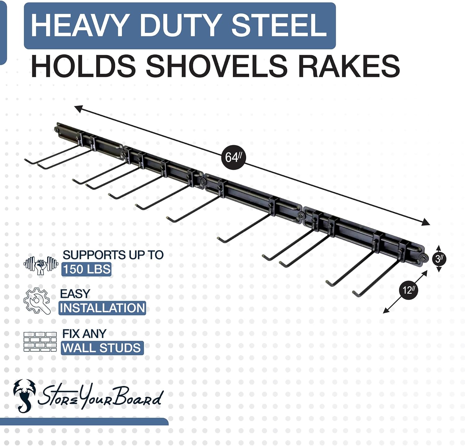 StoreYourBoard Garage Tool Organizer Wall Mount – Heavy Duty Garage Wall Organizer for Garage Organization and Storage, Broom Holder Wall Mount for Gardening Tools & Yard Tools – 64" Holds 600 lbs-VerdiqueGarden