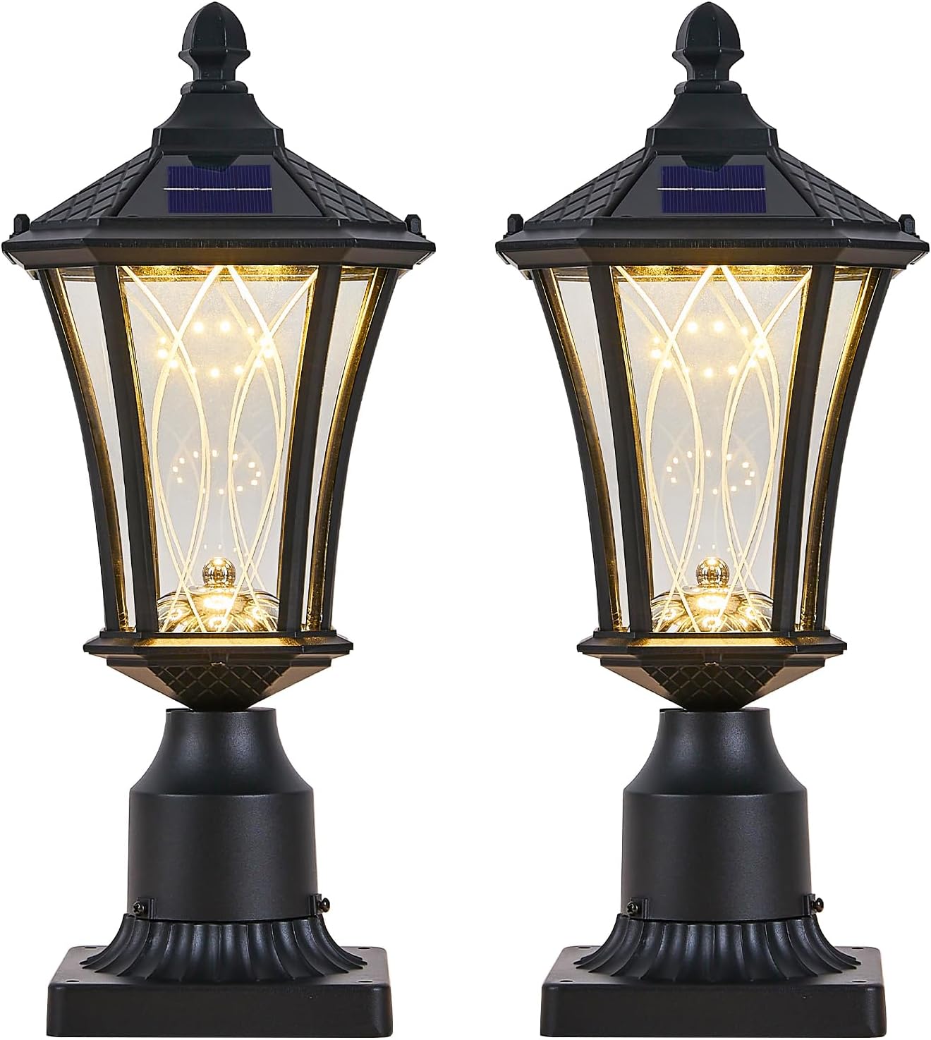 2 Pack Solar Lamp Post Lights with Pier Mount Base, Dusk to Dawn Outdoor Pillar Lights with Patterned Glass, Waterproof Exterior Pole Lamps Head for Driveway, Patio, Garden, Black-VerdiqueGarden