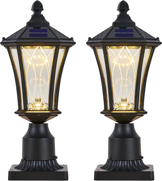 2 Pack Solar Lamp Post Lights with Pier Mount Base, Dusk to Dawn Outdoor Pillar Lights with Patterned Glass, Waterproof Exterior Pole Lamps Head for Driveway, Patio, Garden, Black-VerdiqueGarden