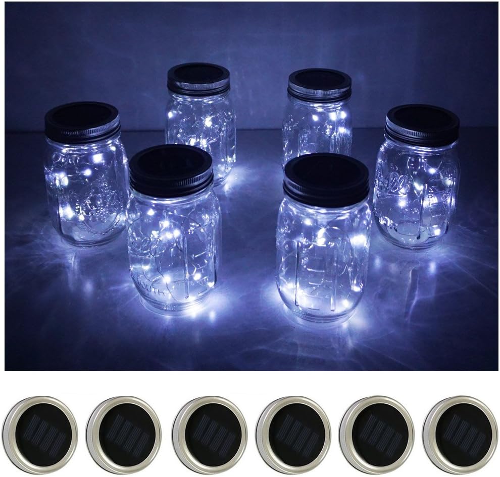 Decorman Solar Mason Jar Lid Lights, 6 Pack 10 LED Waterproof String Fairy Star Firefly Jar Lids Lights for Patio Garden Yard Lawn Party Wedding Christmas Decoration(Jars & Hangers Not Included)-VerdiqueGarden