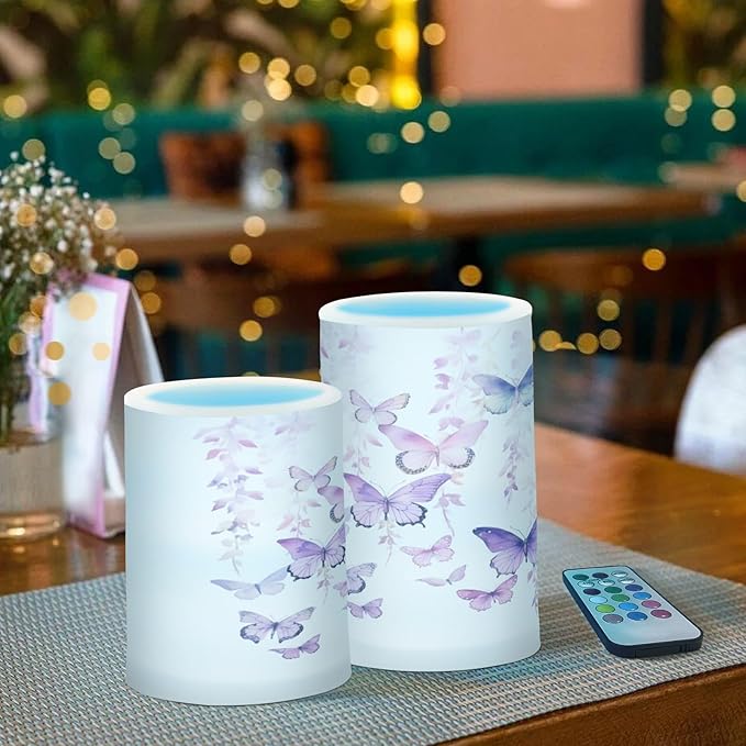 Flickering Flameless Candles, Butterflies Purple LED Candles with Remote Timer, Set of 2 Battery Operated Candle for Valentine Wedding Birthday-VerdiqueGarden
