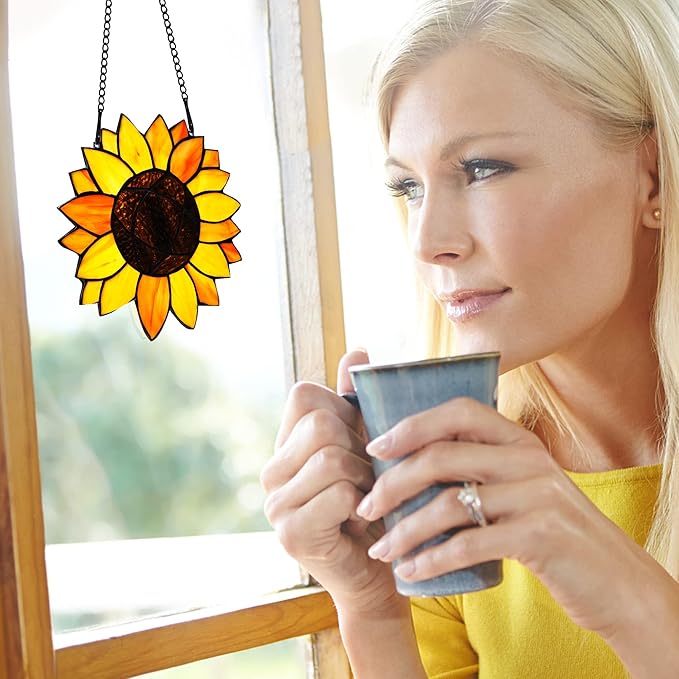 BOXCASA Sunflower Gifts Stained Glass Window Hangings,Sunflower Suncatcher Best Teacher Gifts for Women,Sunflower Decor Suncatcher for Window,Home Decor,Gift for Teacher Mother Grandma-VerdiqueGarden