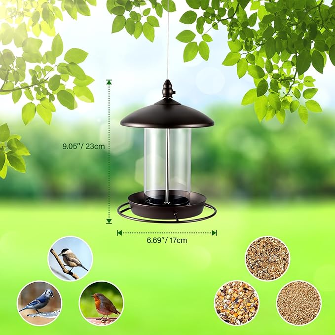 Metal Bird Feeder for Outside Hanging,Wild Bird Feeders for Cardinal, Large Roof and Tray - 6 Port-VerdiqueGarden