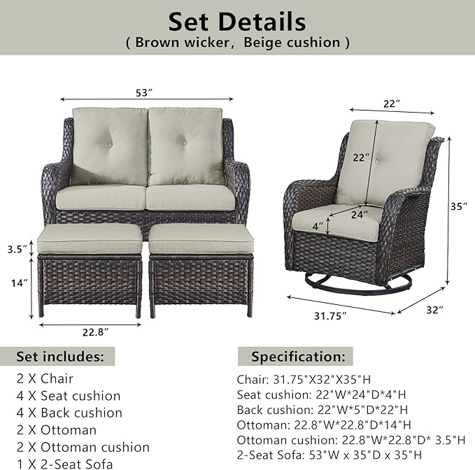 5 Piece Outdoor Patio Furniture Set - Wicker Furniture Patio Conversation Set, Outdoor Swivel Rocker Chairs with Loveseat Sofa and 2 Ottomans for Small Space, Beige Cushion-VerdiqueGarden