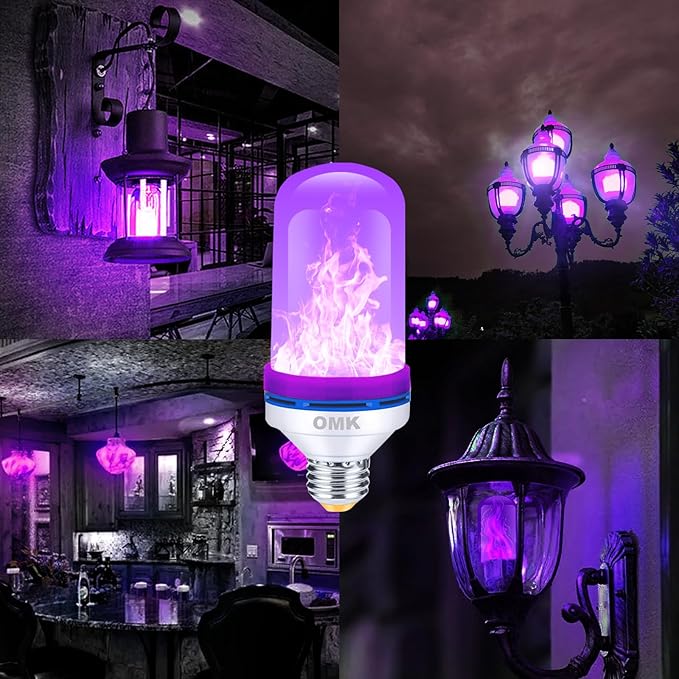 OMK 【Upgraded】 Purple LED Flame Light Bulbs - Flickering Light Bulbs with Gravity Sensing, E26 Base Flame Bulb, Holiday Christmas Indoor Outdoor Light Bulbs, Valentine Decoration Gifts Lights (2Pack)-VerdiqueGarden