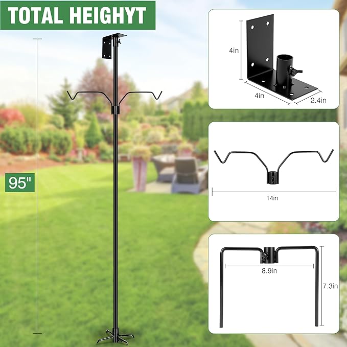 Bird House Pole, 95 Inch Heavy Duty Bird Feeder Pole Mount Kit for Outdoors, Adjustable Bird Feeding Stand, with 2-Hooks, 5-Prong Base for Birds Watching-VerdiqueGarden