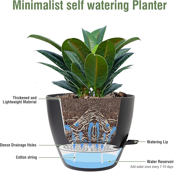 12 inch Large Self Watering Pots for Indoor Outdoor Plants, Flower Plant Pots with Mesh Drainage Holes for Garden House, Plastic Planters with Reservoir for Home Decor, Black-VerdiqueGarden