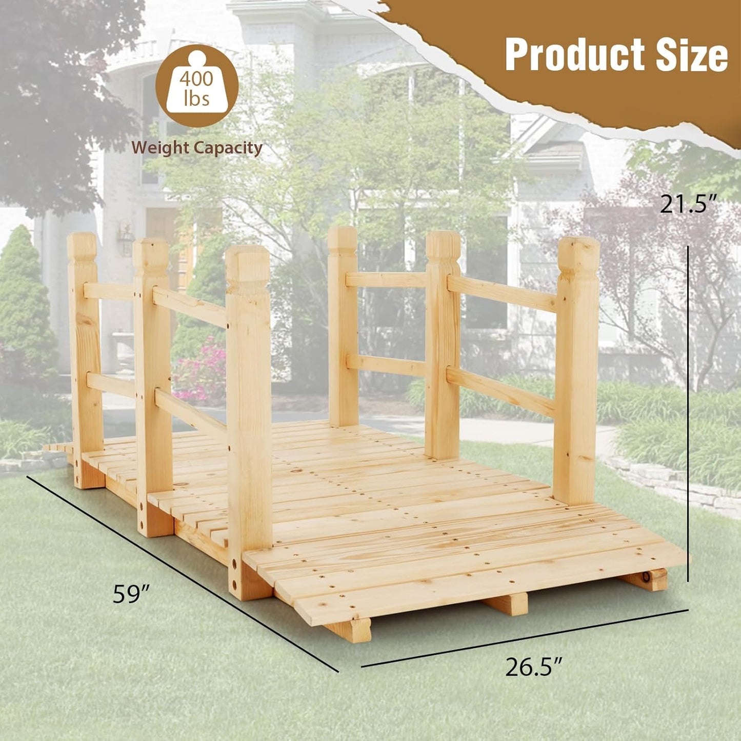 Giantex 5 ft Garden Bridge - Natural Wood Arc Footbridge Walkway with Side Railings, Decorative Wooden Bridge Landscaping for Backyard Farm Garden Creek Pond Decor, Easy to Assemble (Natural)-VerdiqueGarden