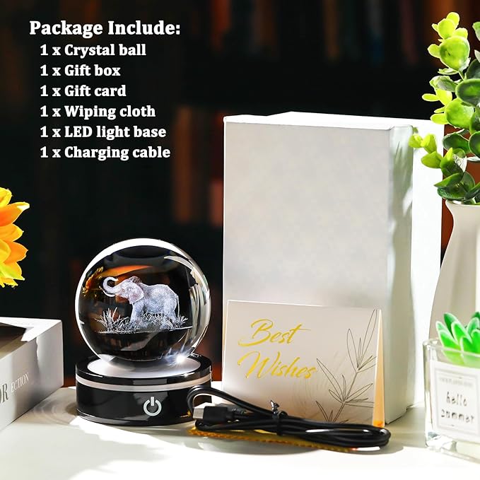 YWHL 3D Elephant Figurine Crystal Ball with Colorful Light Base, Elephant Gift for Women and Men on Christmas or Birthday, 3D Laser Engraved Full Sphere Glass Decorative Ball for Home or Office (80mm)-VerdiqueGarden