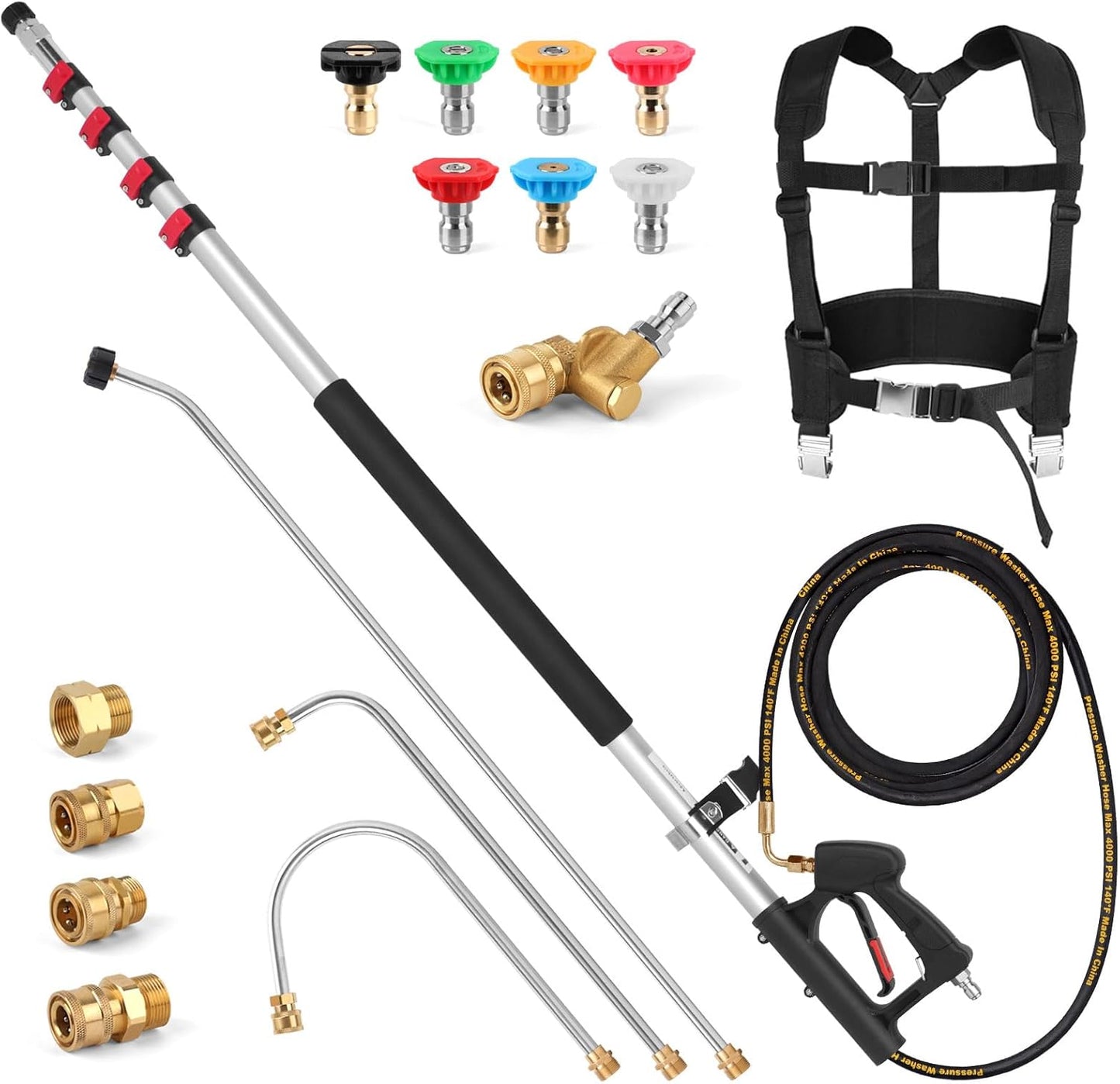 24 FT Telescoping Pressure Washer Wand with Power Washer Extension Wand, Gutter Cleaner Attachment, 4 Adapters, 7 Spray Nozzles & Support Belt Pressure Washer Extension Pole for Wall Roof Gutter-VerdiqueGarden