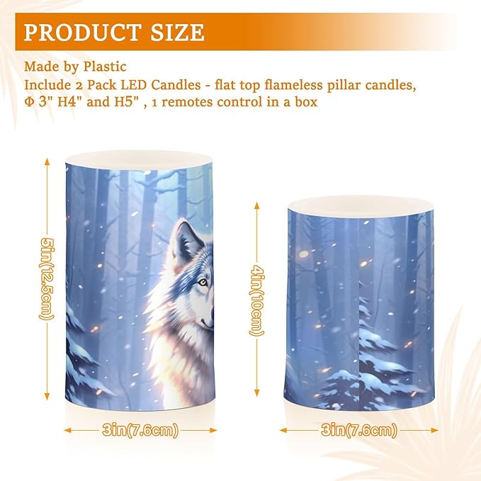 Flickering Flameless Candles, Wolf Winter Forest LED Candles with Remote Timer, Set of 2 Battery Operated Candle for Valentine Wedding Birthday-VerdiqueGarden