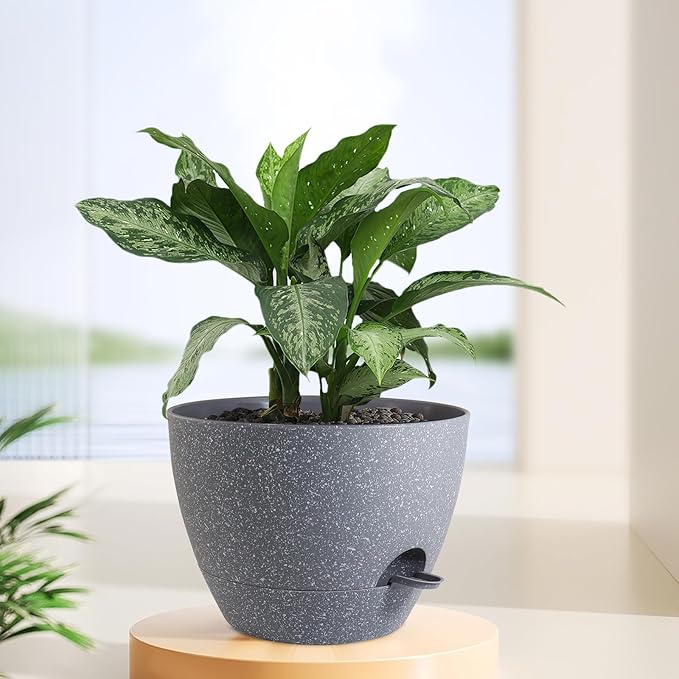 12 inch Large Self Watering Pots, Plant Pots with Mesh Drainage Holes for Indoor Outdoor Plants, Plastic Planters with Deep Reservoir for Garden House Flower Plants, Speckled Grey-VerdiqueGarden