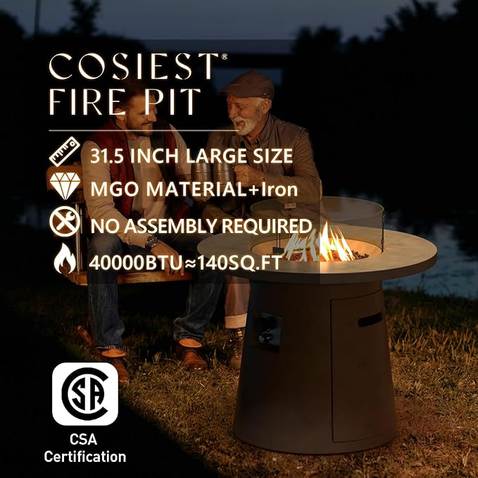 COSIEST 31.5-inch Round Fire Pit, Magnesium Oxide Outdoor Propane Fire Table, CSA Certified, 40,000 BTU Stainless Steel Burner, Free Lava Rocks, Fits 20lb Tank Inside-VerdiqueGarden