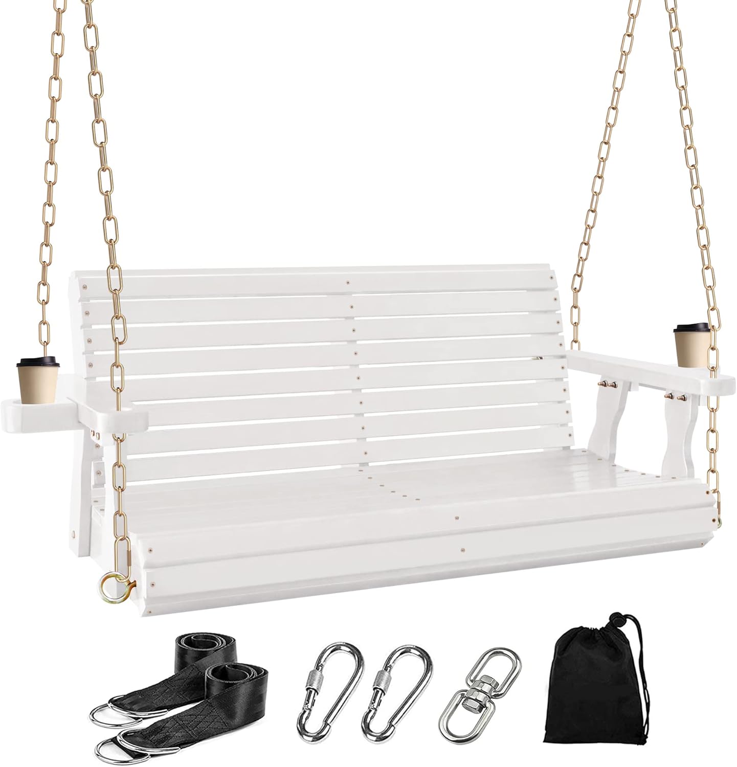 4FT Wooden Porch Swing w/Cupholders,Heavy Duty 800LBS Outdoor Swing Bench w/Chains,Patio Roll Back Swing Chair Bench,Front Porch 2-Person Hanging Bench,for Garden Courtyard Lawn & Balcony-VerdiqueGarden