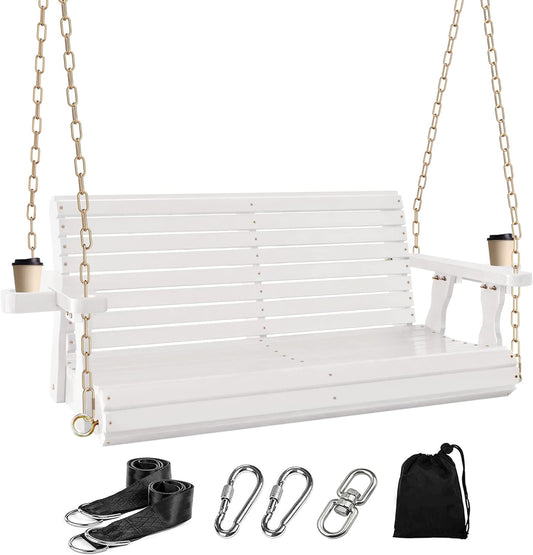 4FT Wooden Porch Swing w/Cupholders,Heavy Duty 800LBS Outdoor Swing Bench w/Chains,Patio Roll Back Swing Chair Bench,Front Porch 2-Person Hanging Bench,for Garden Courtyard Lawn & Balcony-VerdiqueGarden
