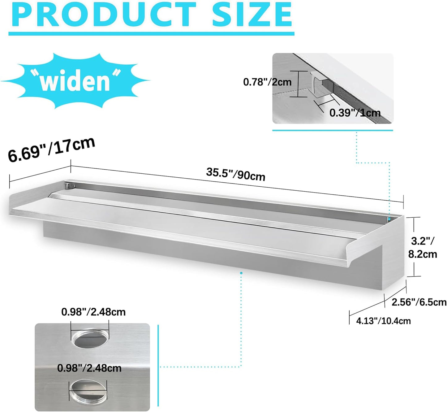 Waterfall Spillway Fountain 304 Stainless Steel Water Pool Fountain with Wider Water Flow Platform,Pool Waterfall for Outdoor Garden and Patio Decorations(35.5 Inch)-VerdiqueGarden