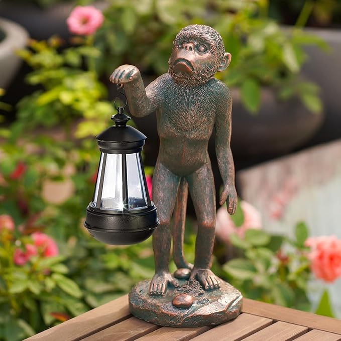 Garden Statue Monkey Figurine - Monkey Decor with Solar Powered Led Lights for Patio Lawn Balcony Yard - Ideal Gift for Women Moms Grandma Housewarming (Copper)-VerdiqueGarden