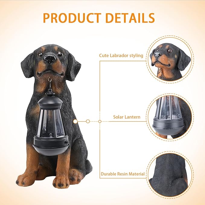 Garden Dog Statues Outdoor Decor, 13" Solar Powered LED Lights Outdoor Statue Garden Decorations Rottweiler Figurine for Patio, Lawn, Yard Art Decoration, Housewarming Garden Gift-VerdiqueGarden